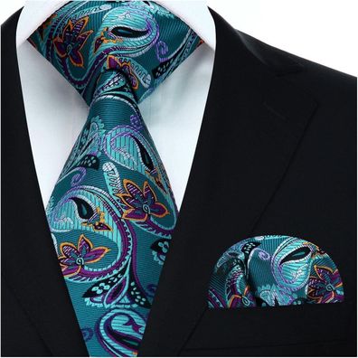 Hisdern Herren Krawatte mit Einstecktuch Set - Aqua/Lila Paisley, formell und
