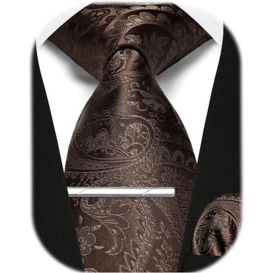 Enlision Herren Krawatten-Set mit Einstecktuch und Krawattennadel - Braun