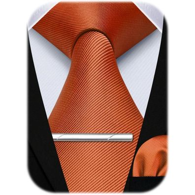Hisdern Herren Krawatten-Set mit Einstecktuch und Krawattenklammer, Unifarben