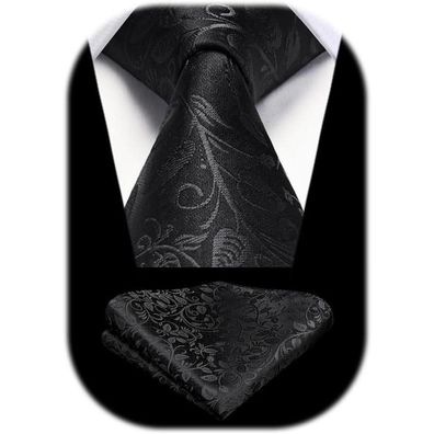 Hisdern Krawatten Set für Herren: Paisley Krawatte mit Einstecktuch, N-Schwarz-1