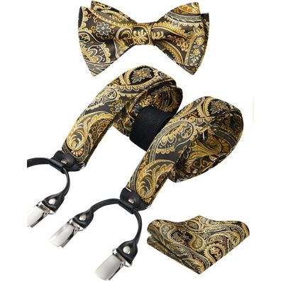 Hisdern Herren Hosenträger Set mit Fliege und Einstecktuch, breit, elastisch