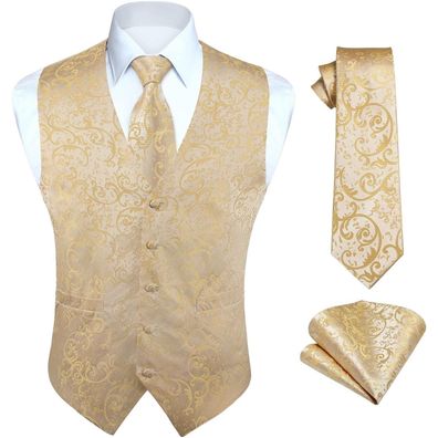 Hisdern Herren Jacquard Weste Krawatte Einstecktuch Set XL Champagner für