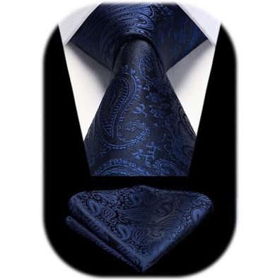 Hisdern Krawatte mit Einstecktuch Set für Herren, Paisley Design, Marineblau