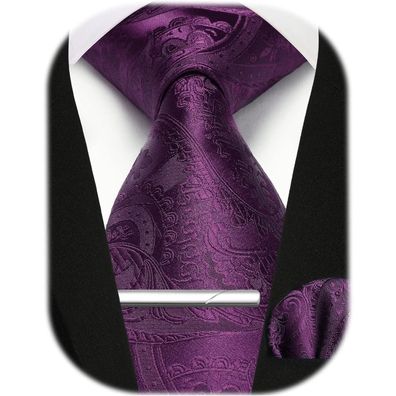 Enlision Herren Krawatten-Set mit Einstecktuch und Krawattennadel, Lila