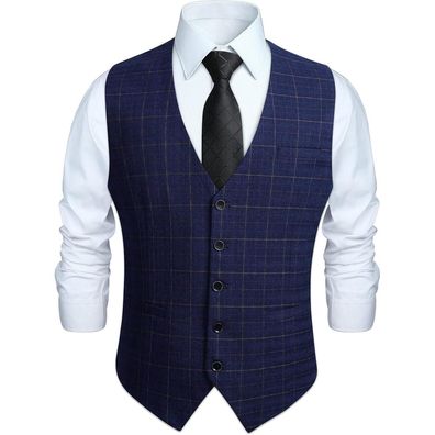 Hisdern Herren Formale Hochzeit Anzug Weste Baumwolle Plaid Blau L