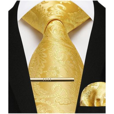 Enlision Herren Krawatten-Set mit Einstecktuch und Krawattennadel, Gelb