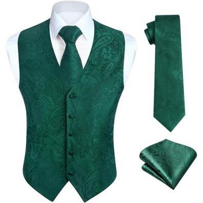 Hisdern Herren Floral Jacquard Weste Krawatte Einstecktuch Set XL Grün-N