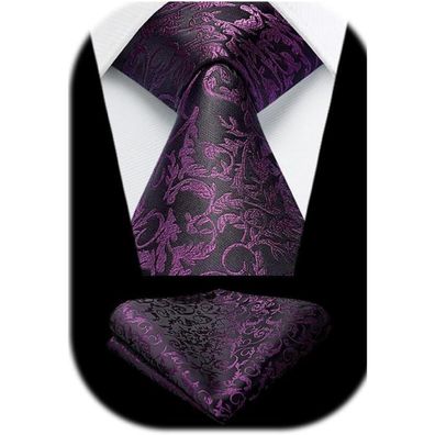 Hisdern Herren Krawatte mit Einstecktuch Set, Paisley Design, N-Lila, für