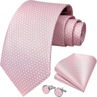 Hisdern Herren Krawatten-Set: Rosa Krawatte, Einstecktuch & Manschettenknöpfe