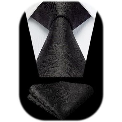 Hisdern Herren Paisley Krawatte und Einstecktuch Set - Formell & Lässig, Schwarz