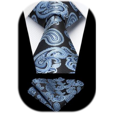 Hisdern Herren Paisley Krawatte mit Einstecktuch Set - Dunkelblau, Formell