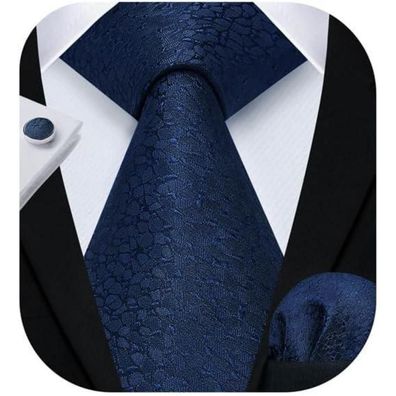 Hisdern Herren Krawatten-Set: Marineblau Krawatte, Einstecktuch