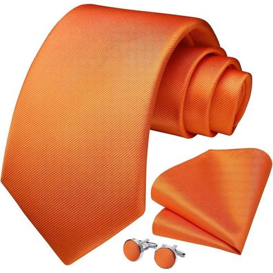 Hisdern Herren Krawatten-Set mit Einstecktuch und Manschettenknöpfen in Orange