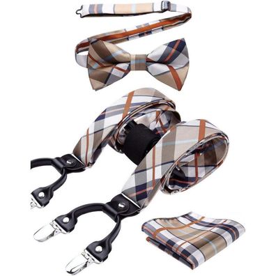 Hisdern Herren Hosenträger Set 3,5cm Y-Form mit 6 Clips, Fliege & Einstecktuch