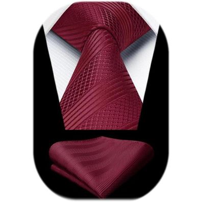 Enlision Herren Krawatte mit Einstecktuch Set - Weinrot Streifen, Business
