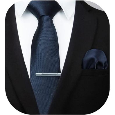 Hisdern Herren Krawatten Set mit Einstecktuch und Krawattenklammer, Navy Blau