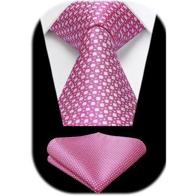 Enlision Herren Krawatte mit Einstecktuch Set - Kariert/Gestreift, Rosa & Weiß