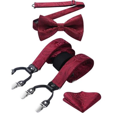 Hisdern Herren Hosenträger Set 3,5cm Y-Form mit 6 Clips, Fliege & Einstecktuch