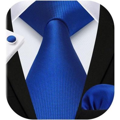 Hisdern Herren Krawatten-Set mit Einstecktuch und Manschettenknöpfen, Blau-1