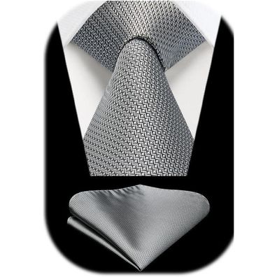 Enlision Herren Krawatte mit Einstecktuch Set - Elegante silbergraue Krawatte