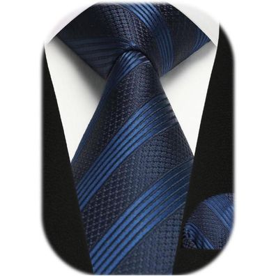 Enlision Herren Krawatte mit Einstecktuch Set - Kariert/Gestreift, Navy Blau