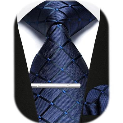 Enlision Herren Krawatten-Set mit Einstecktuch und Krawattennadel, Marineblau