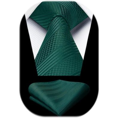 Enlision Herren Krawatte und Einstecktuch Set - Grün Streifen, Business