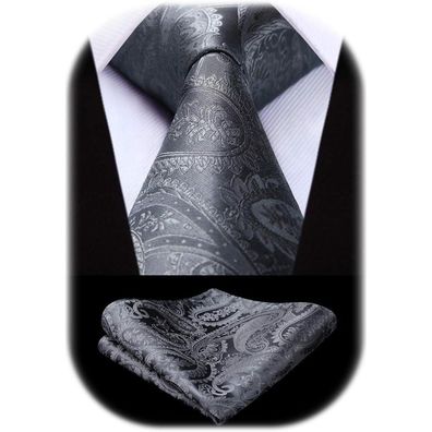 Hisdern Herren Krawatten und Einstecktuch Set - Paisley Design, Einfarbig