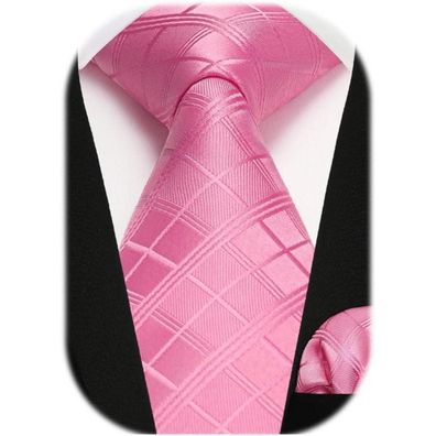 Enlision Herren Krawatte mit Einstecktuch Set - Kariert/Gestreift, Rosa - Für