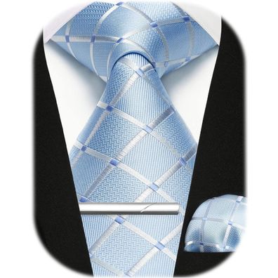 Enlision Herren Krawatten-Set mit Einstecktuch und Krawattennadel, Hellblau