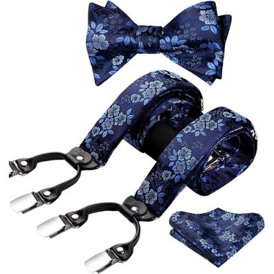 Hisdern Herren Hosenträger Set mit Fliege und Einstecktuch - Blau Floral