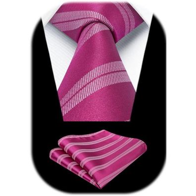 Hisdern Herren Krawatte mit Einstecktuch Set - Formell, Streifen, Heißes Rosa