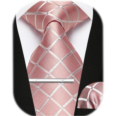 Enlision Herren Krawatten-Set mit Einstecktuch und Krawattennadel, kariert