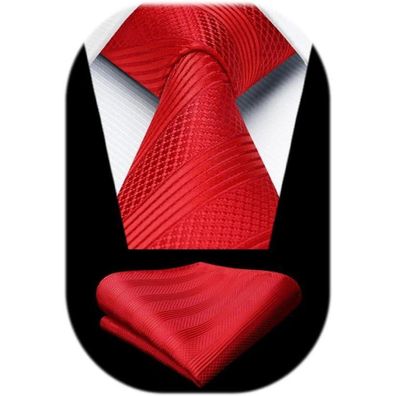 Enlision Herren Krawatte mit Einstecktuch Set - Kariert/Gestreift, Rot