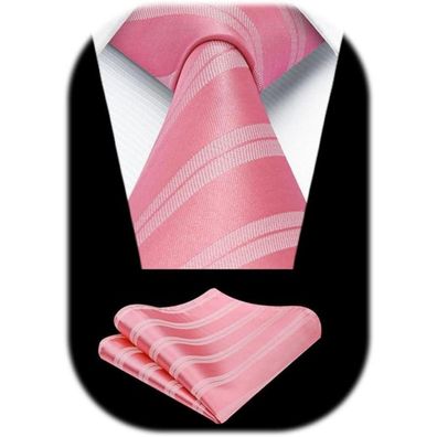 Hisdern Herren Krawatte mit Einstecktuch Set - Formell, Streifen, Rosa - Ideal