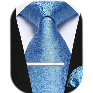 Enlision Herren Krawatten Set mit Einstecktuch und Krawattennadel, Paisley Blau