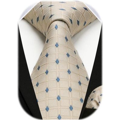 Hisdern Herren Krawatte & Einstecktuch Set kariert Beige Elegant Klassisch für