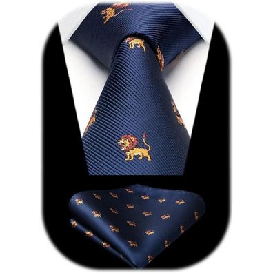 Hisdern Herren Krawatte und Einstecktuch Set - Navy Blau Tiermuster Klassisch