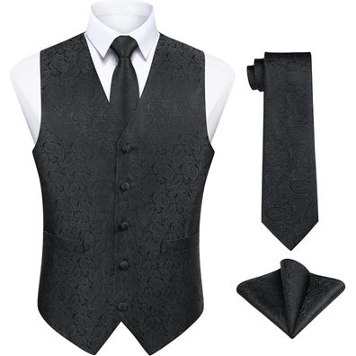Enlision Herren Paisley Floral Jacquard Weste & Krawatte Set, Schwarz, Größe XXL