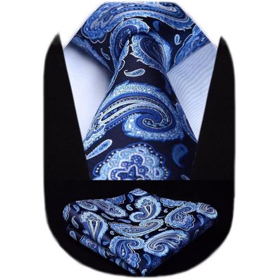 Hisdern Herren Krawatte & Einstecktuch Set - Blau, 100% Seide, Paisley
