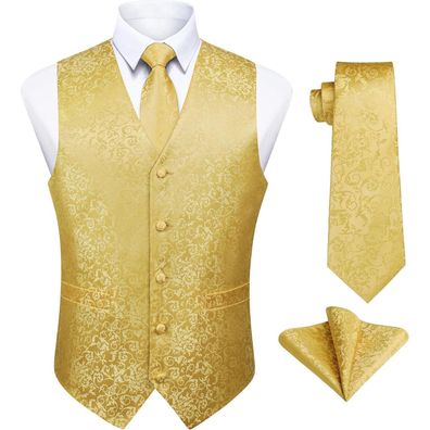Enlision Herren Paisley Jacquard Weste Krawatte Einstecktuch Set L 004-Gelb
