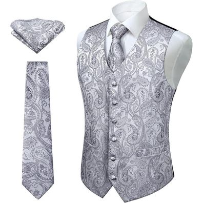 Enlision Herren Paisley Floral Jacquard Weste Krawatte Einstecktuch Set Grau