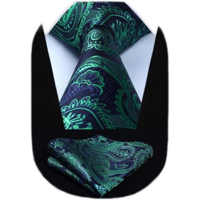 Hisdern Herren Krawatte und Einstecktuch Set Paisley Blume Schwarz / Grün-2