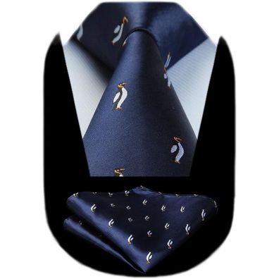 Hisdern Herren Krawatte und Einstecktuch Set - Marineblau / Pinguin Tiermuster