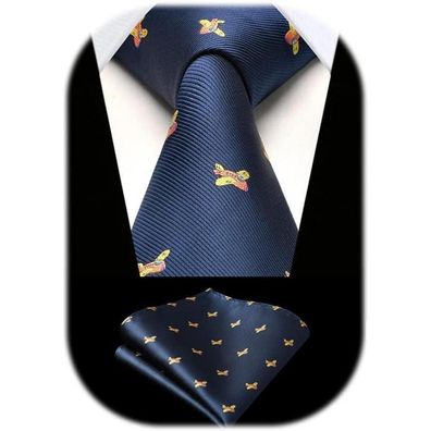 Hisdern Herren Krawatte und Einstecktuch Set, Tiermuster, Navy Blau-3