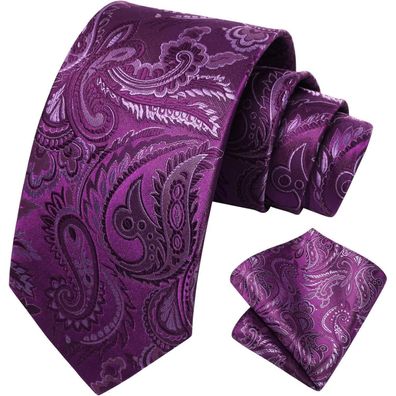Hisdern Herren Krawatte und Einstecktuch Set, Lila-4, 100% Seide, Paisley und