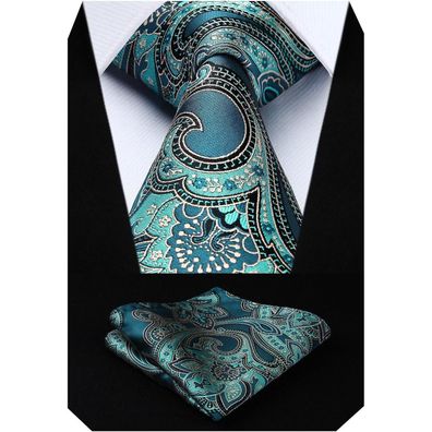 Hisdern Herren Krawatte und Einstecktuch Set, Seide, Paisley & Blumenmuster