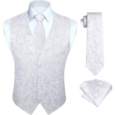 Enlision Herren Paisley Jacquard Weste mit Krawatte und Einstecktuch Set, Weiß
