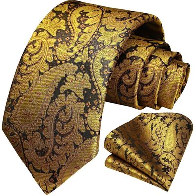 Hisdern Herren Krawatte & Einstecktuch Set - Gold Paisley Blume Jacquard Seide