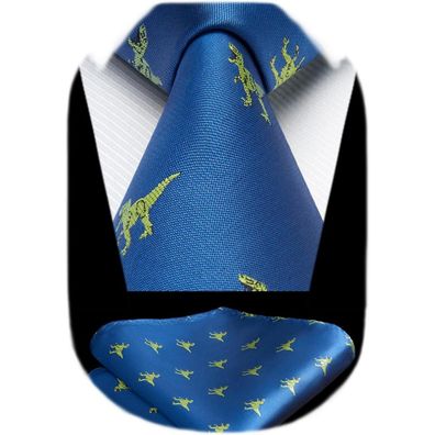 Hisdern Herren Krawatte und Einstecktuch Set - Tiermuster, Blau/Grün, Klassisch